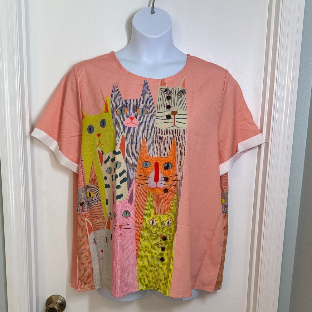 Colorful Cat Print Blouse.  Size 1X